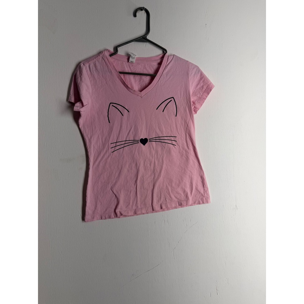 District Perfect Weight Pink Cat Face Graphic V-Neck T-Shirt Small 100% Cotton